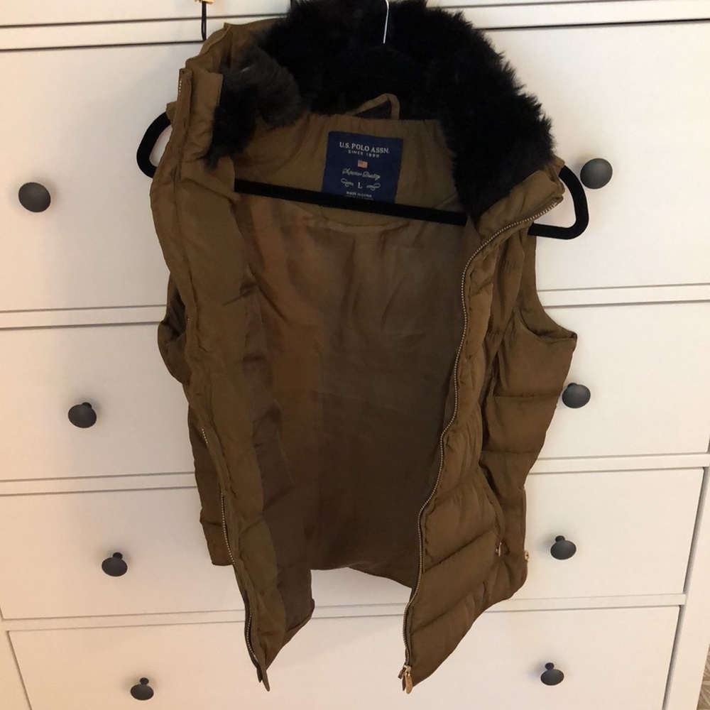 POLO Olive Brown Puffer Vest w/ Black Fur Neck - Picture 4 of 8